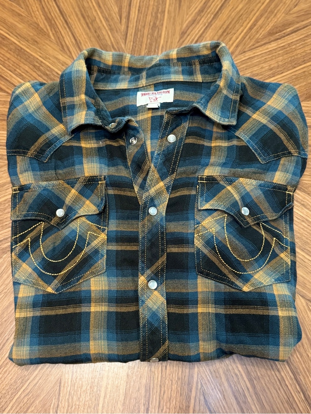 True Religion Brand Blue & Mustard Plaid Snap Western Shirt